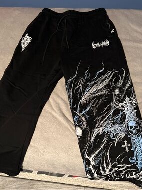 Black Graphic Joggers with Blue Skull Cross Artwork